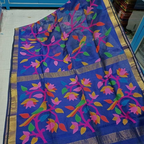 Pure reshom by shops reshom silk maslin handwoven jamdani work saree with blouse piece soft sari for women