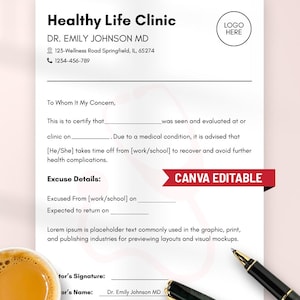 Plantilla editable de nota médica de excusa: Canva Dr Note (A4/A5/Carta EE. UU.) Descarga digital