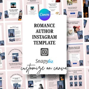 May include: A collection of Instagram templates for romance authors, featuring a soft pink and white color scheme. The templates include book covers, quotes, and promotional graphics. Text includes "Romance Author Instagram Template" and "Customize on Canva."