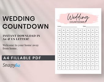 Wedding Countdown, Wedding Planner Cast, Wedding day, Printables, Checklists, Days Until Wedding, Wedding Party Fillable