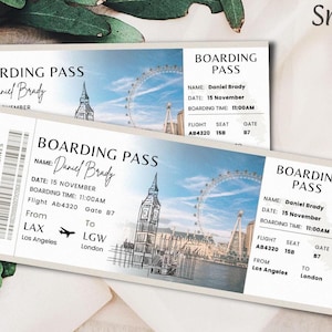 May include: Two boarding passes with the name "Daniel Brady" and the date "15 November". The passes feature a London skyline illustration, including Big Ben and the London Eye. Flight details include LAX to LGW.