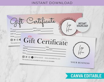 Editable Gift Certificate Template, Printable Gift Card, Instant Download
