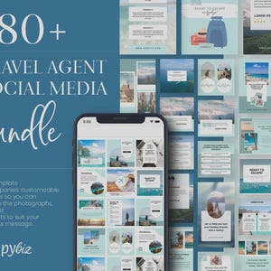 May include: A digital mockup of a travel agent social media bundle, featuring a smartphone displaying various travel-themed templates. The image includes the text "180+ TRAVEL AGENT SOCIAL MEDIA bundle" and the brand name "Snapybiz". The templates have a teal and white color scheme.