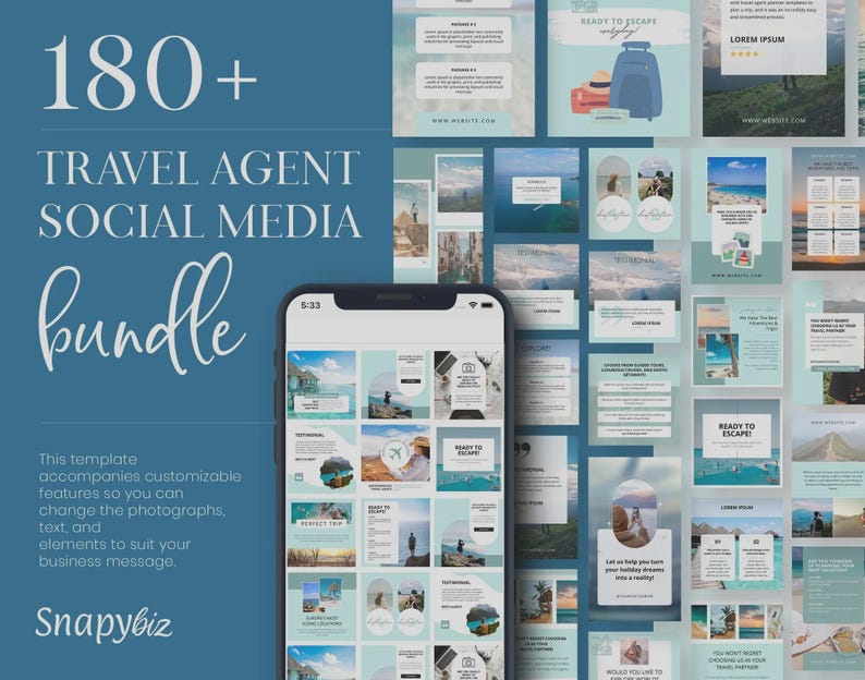 May include: A digital mockup of a travel agent social media bundle, featuring a smartphone displaying various travel-themed templates. The image includes the text "180+ TRAVEL AGENT SOCIAL MEDIA bundle" and the brand name "Snapybiz". The templates have a teal and white color scheme.