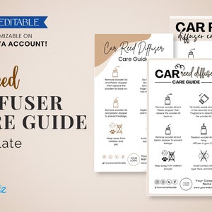 May include: A printable care guide template for car reed diffusers. The template features a brown background with black text and icons. The text includes "Car Reed Diffuser Care Guide Template" and instructions on how to use and care for the diffuser. The template is customizable and can be edited in Canva.