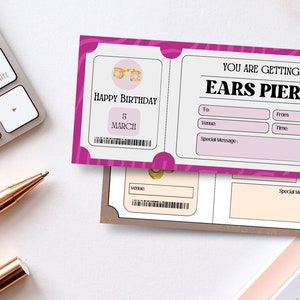 Plantilla de Canva editable para tarjeta de embarque de regalo de perforación de oreja, diseño personalizable, certificado de regalo personalizado, diseño elegante, Canva BP-97