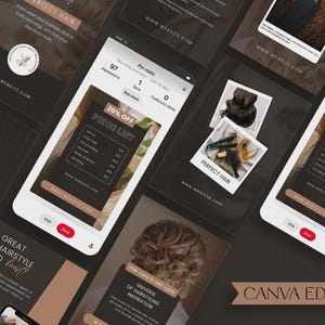May include: A promotional image for a hair stylist, featuring multiple smartphone mockups displaying hair styling inspiration and a price list. The design uses a dark color scheme with tan accents and the text "Perfect Hair".