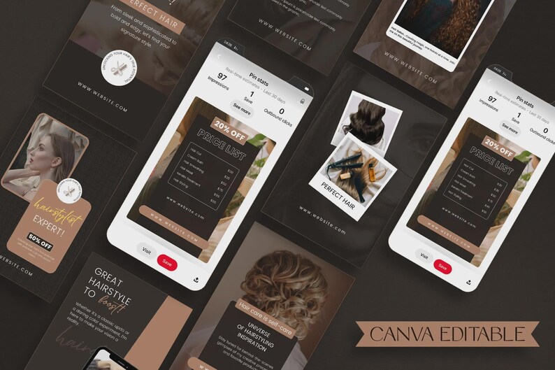 May include: A promotional image for a hair stylist, featuring multiple smartphone mockups displaying hair styling inspiration and a price list. The design uses a dark color scheme with tan accents and the text "Perfect Hair".