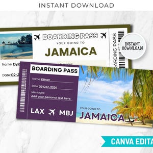 Carte d'embarquement pour la Jamaïque, Modèle canva modifiable, Vous allez en Jamaïque, Billet de voyage surprise modifiable, Coupon d'embarquement surprise BP-317