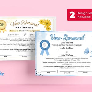 Plantilla de certificado de renovación de votos, certificado de renovación de votos editable, plantilla de certificado de matrimonio imprimible, certificado de matrimonio como recuerdo