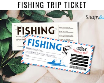 Könnte beinhalten: Zwei Angelkarten mit dem Wort "FISHING" prominent dargestellt. Eine Karte ist weiß mit schwarzem Text, die andere ist blau und weiß mit roten Akzenten. Die Karten enthalten Platz für Name, Ort und Datum.