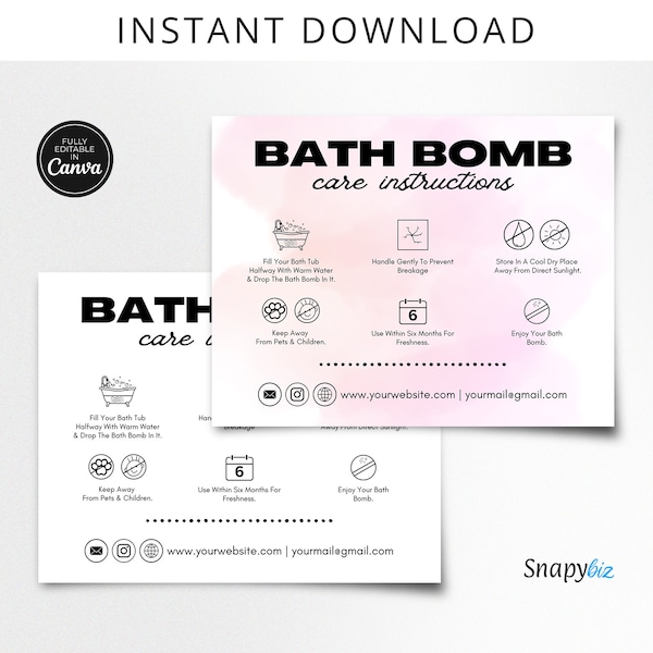 Bath Bomb Care Instructions Template PDF, Printable Bath Bomb Instructions Guide PDF, Bath Bomb Small Business DIY Insert Card, Canva Design