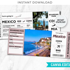 Modèle de carte d'embarquement pour le Mexique, imprimable, modifiable, billet cadeau voyage surprise au Mexique, billet de voyage au Mexique personnalisable, compagnie aérienne BP-80