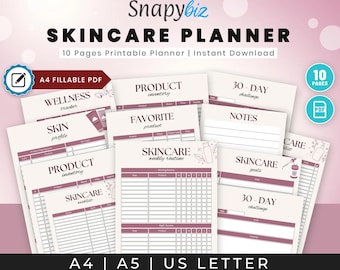 May include: A printable skincare planner with 10 pages, featuring sections for wellness tracking, product inventory, and skincare routines. The planner includes fillable PDF options and is available in A4, A5, and US Letter sizes.