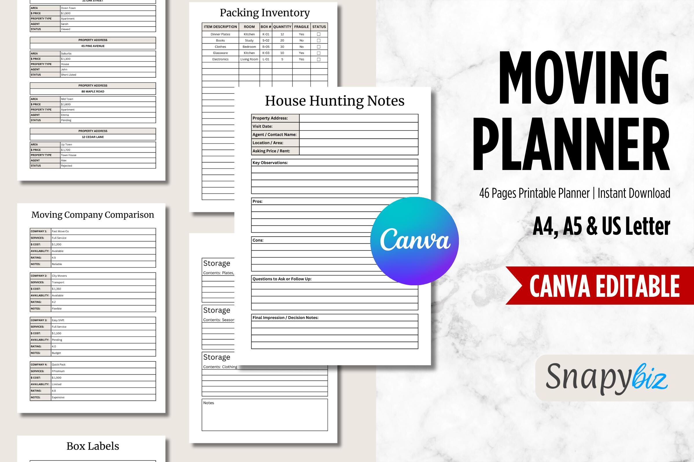 Canva Moving Checklist, Printable Planner PDF, New Home Organizer A4/A5 ...