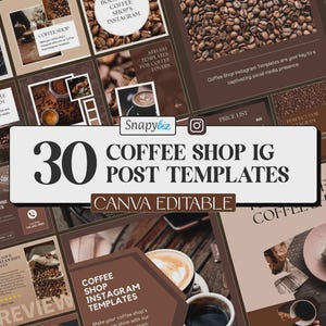 以下が含まれることがあります： コーヒーショップのInstagram投稿テンプレート30枚セット。Canvaで編集可能で、コーヒーをテーマにした様々なグラフィックとテキストオーバーレイが特徴です。デザインは茶色とベージュの色調で、コーヒー豆とカップの画像を使用しています。