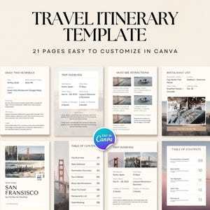 Peut inclure: Un modèle d'itinéraire de voyage numérique comprenant 21 pages personnalisables. La mise en page inclut des sections pour les horaires quotidiens, les aperçus de voyage, les listes de restaurants, les réservations et des conseils, modifiable sur Canva.