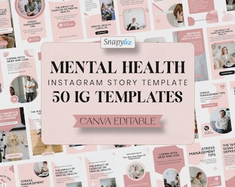 Plantilla de Canva para historias de Instagram sobre salud mental, diseño gráfico editable para redes sociales, autocuidado, psicología, bienestar