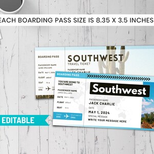 Modèle de billet de voyage modifiable dans le sud-ouest, cadeau de billet d'avion personnalisé à imprimer, carte d'embarquement surprise pour compagnie aérienne, idée cadeau, modèle sur toile