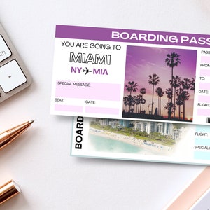Carta d'imbarco Miami modificabile, biglietto a sorpresa, modello di biglietto personalizzato, viaggio in città, regalo di viaggio di compleanno personalizzato, vacanza in famiglia in Florida