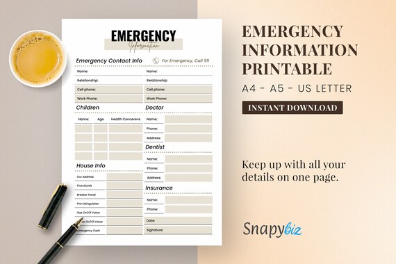 Emergency Information Printable Emergency Contact Info Sheet - Etsy