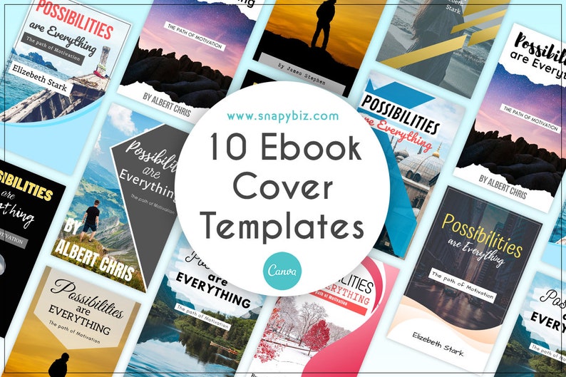 May include: A collage of 10 ebook cover templates featuring different backgrounds and text styles. The text on the covers reads "Possibilities are Everything" and "The Path of Motivation". The covers are designed using Canva.