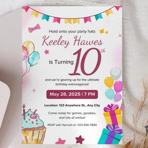 10. Geburtstag Einladung Vorlage, Kinder Party einladen, Geburtstag Party Karte, Benutzerdefinierte Party einladen, druckbare Party Einladung, Fun Kids IT-65