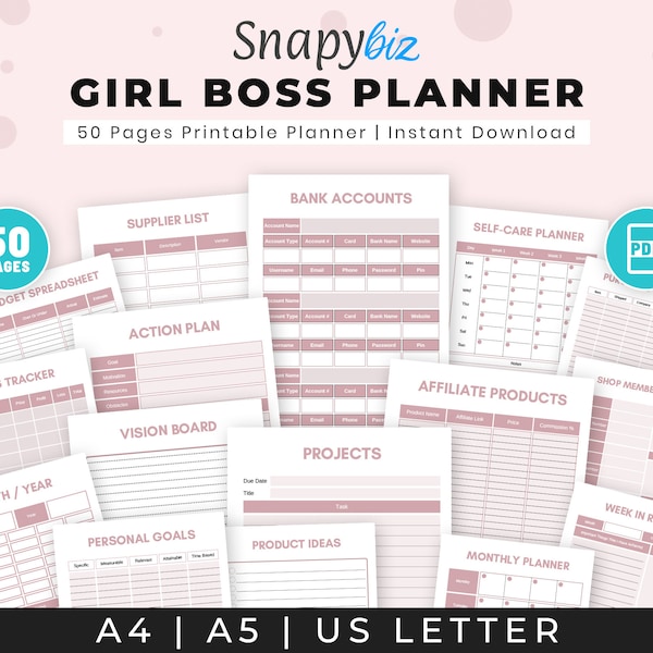 Girl Boss Planner | Small Business Planner Printable | Female Entrepreneur Planner | A4 and A5 Girl Boss Planner | US Letter Size