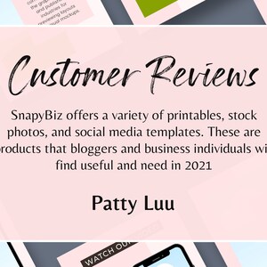 Op de afbeelding: Een lichtroze afbeelding met de woorden "Customer Reviews" in een cursief lettertype. De tekst hieronder vermeldt dat SnapyBiz printables, stockfoto's en social media templates aanbiedt voor bloggers en zakelijke individuen. De auteur is Patty Luu.