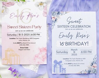 Invito per i sedici anni, modificabile con Canva, festa di compleanno, ragazze adolescenti, elegante e floreale