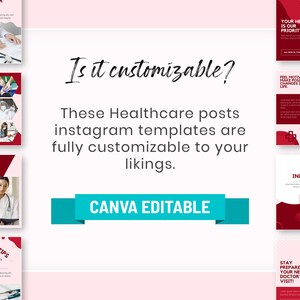 May include: A collection of nine customizable Instagram post templates for healthcare professionals. The templates feature a red and white color scheme with a variety of healthcare-related icons and text. The text includes phrases like "Your Health is Our Priority!" and "Stay Prepared for Your Next Doctor's Visit!" The templates are editable in Canva.