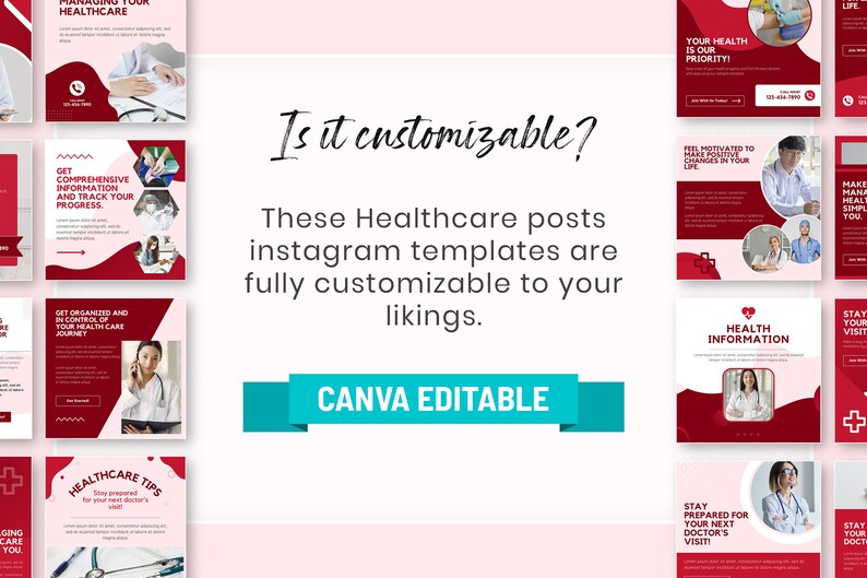 May include: A collection of nine customizable Instagram post templates for healthcare professionals. The templates feature a red and white color scheme with a variety of healthcare-related icons and text. The text includes phrases like "Your Health is Our Priority!" and "Stay Prepared for Your Next Doctor's Visit!" The templates are editable in Canva.