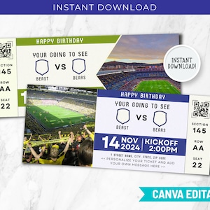 Plantilla Canva de boleto de fútbol editable Invitación de cumpleaños personalizable Plantilla de invitación de boleto de fútbol imprimible Fiesta de fútbol para niños BP-146