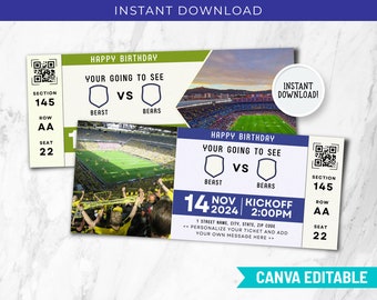Invitación editable con boleto de cumpleaños de fútbol, plantilla imprimible de Canva (BP-146)