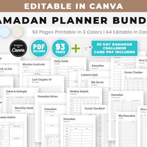 Ramadan Planner 2026 Canva Template And Printable, Digital Islamic Quran Tracker Journal, Ramadan Challenge Cards, Instant Download