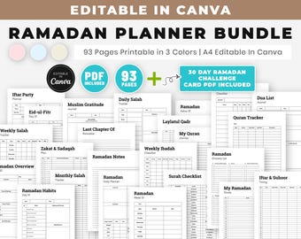 Ramadan Planner 2026 Canva Template And Printable, Digital Islamic Quran Tracker Journal, Ramadan Challenge Cards, Instant Download