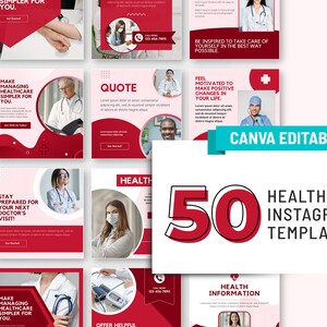 May include: A collage of 50 Instagram post templates for healthcare professionals. The templates feature a red and white color scheme with a variety of designs, including quotes, tips, and motivational messages. The text "CANVA EDITABLE" is displayed in a blue banner at the top of the image.