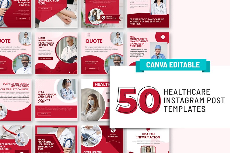 May include: A collage of 50 Instagram post templates for healthcare professionals. The templates feature a red and white color scheme with a variety of designs, including quotes, tips, and motivational messages. The text "CANVA EDITABLE" is displayed in a blue banner at the top of the image.