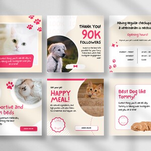 Puede incluir: Un collage de seis publicaciones de Instagram que promocionan servicios de cuidado de mascotas. Las publicaciones presentan im&aacute;genes de gatos y perros, e incluyen texto como "&iexcl;Gracias! 90K seguidores", "Camas de apoyo y c&aacute;lidas", "&iexcl;Consigue la comida feliz de tu mascota!" y "&iexcl;El mejor perro como Tommy!"