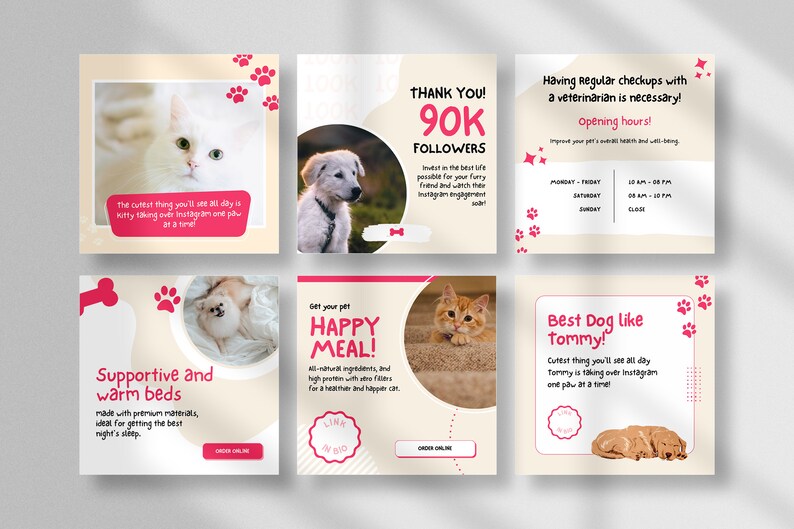 Puede incluir: Un collage de seis publicaciones de Instagram que promocionan servicios de cuidado de mascotas. Las publicaciones presentan im&aacute;genes de gatos y perros, e incluyen texto como "&iexcl;Gracias! 90K seguidores", "Camas de apoyo y c&aacute;lidas", "&iexcl;Consigue la comida feliz de tu mascota!" y "&iexcl;El mejor perro como Tommy!"