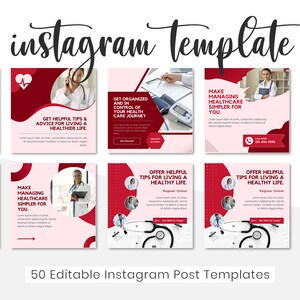 May include: A set of 10 Instagram post templates for healthcare professionals. The templates feature a red and white color scheme with a modern design. The templates include text such as "Get Help!" and "Make Managing Healthcare Simpler for You".