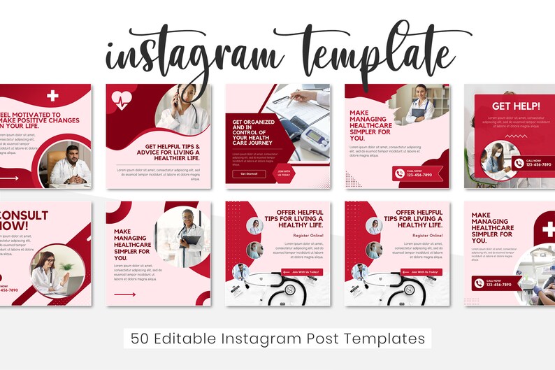 May include: A set of 10 Instagram post templates for healthcare professionals. The templates feature a red and white color scheme with a modern design. The templates include text such as "Get Help!" and "Make Managing Healthcare Simpler for You".