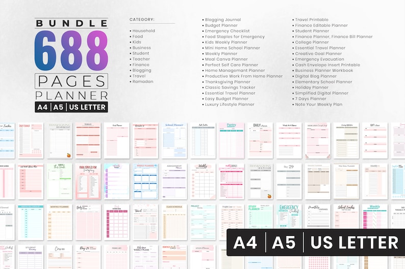 May include: A digital planner bundle with 688 pages in A4, A5, and US letter sizes. The bundle includes a variety of planners for different categories, including household, food, kids, business, student, teacher, finance, blogging, travel, and Ramadan. The planners feature a variety of designs and colors, including pink, blue, green, and yellow. The text on the image reads 'Bundle 688 Pages Planner A4 A5 US Letter' and lists the different categories of planners included in the bundle.