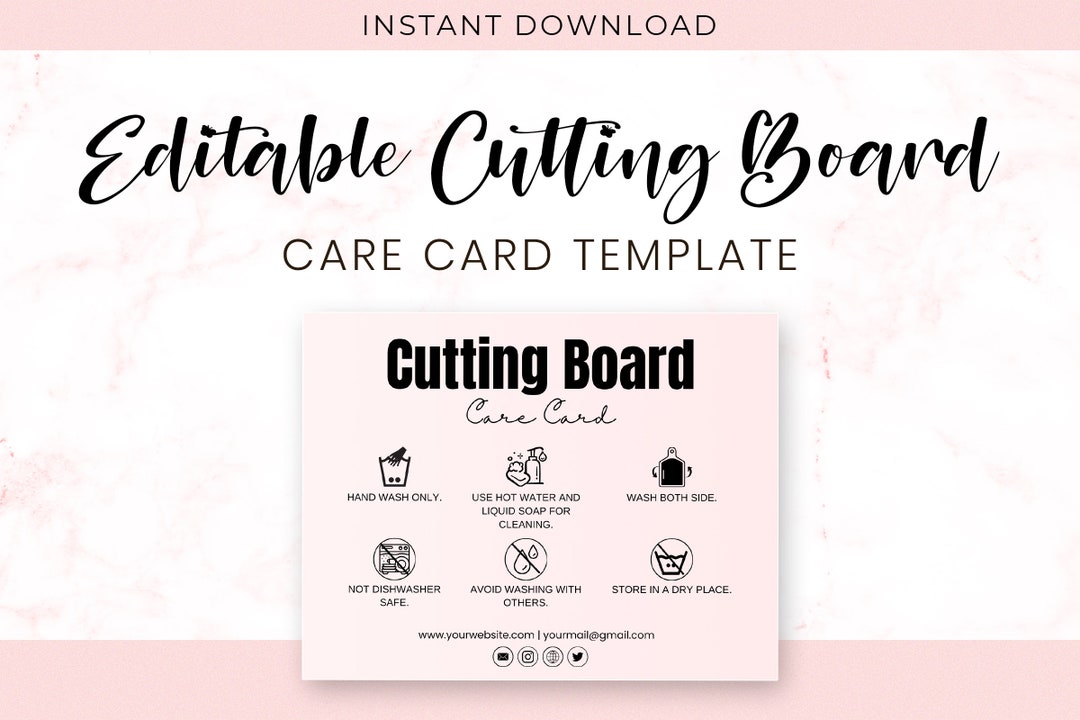 Editable Cutting Board Care Card Template, Customizable Cutting Board Care Instructions Guide