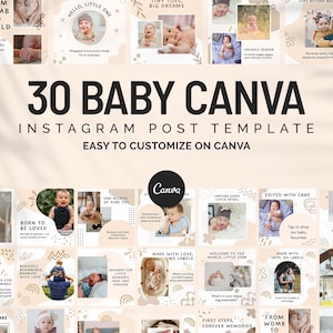 Puede incluir: Imagen promocional para una plantilla de Canva con 30 diseños de publicaciones de Instagram con temática de bebés. La plantilla incluye fotos de bebés, texto y elementos decorativos. El texto incluye "30 BABY CANVA" y "EASY TO CUSTOMIZE ON CANVA".