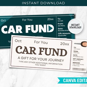 Sjablonen voor cadeaubonnen, Car Fund Surprise-cadeaubon, bewerkbare afdrukbare Canva-sjablonen, couponsjabloon cadeaubon, voeg je logo toe