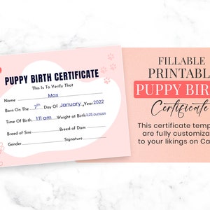 Printable Puppy Birth Certificate Puppy Birth Certificate Template ...