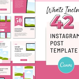 May include: A pink and white graphic design template for Instagram posts. The template features a variety of designs with text that says "Your Lead Magnet Name Goes Here", "Download This Workbook Now", "50 Lead Magnet", "Your Online Lead Magnet Workbook", "Lead Magnet Canva", and "Whats Included 42 Instagram Post Template Canva".