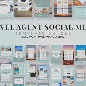 May include: A collection of social media templates for travel agents. The templates feature a light blue and white color scheme with images of travel destinations. Text includes "Travel Agent Social Media Template Bundle" and "Ready to Escape!"