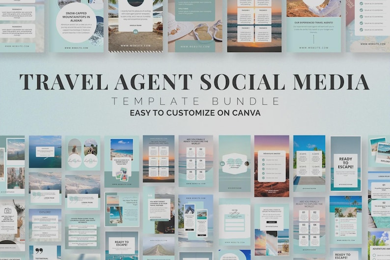 May include: A collection of social media templates for travel agents. The templates feature a light blue and white color scheme with images of travel destinations. Text includes "Travel Agent Social Media Template Bundle" and "Ready to Escape!"